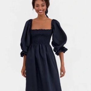 Sleeper Women’s Atlanta Linen Lounge Dress Midi Navy Blue Smocked XS